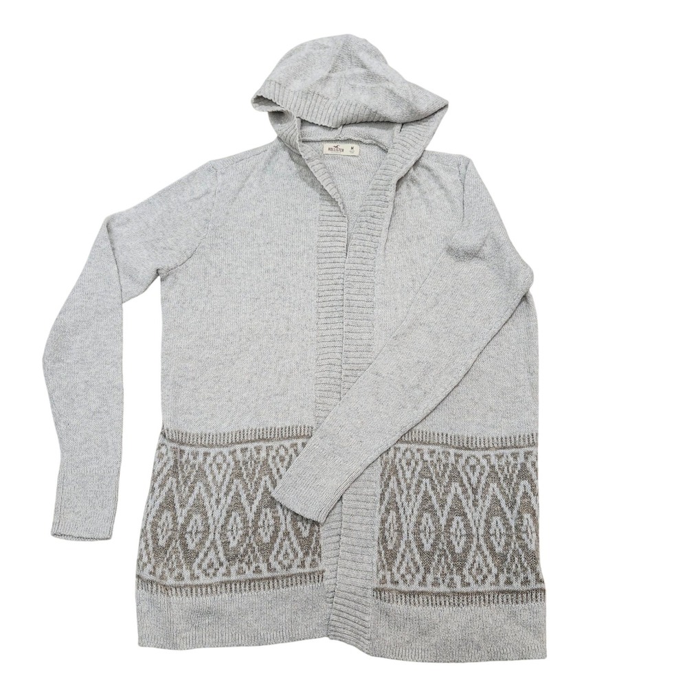 Hollister Cardigan Sweater Women's Medium Beige Open Front Hooded‎ Knit Casual